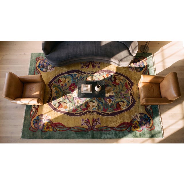 Extraordinary Gold Bronze Color With Special Flower Design Chinese Art Deco Rug For Sale - Image 12 of 14