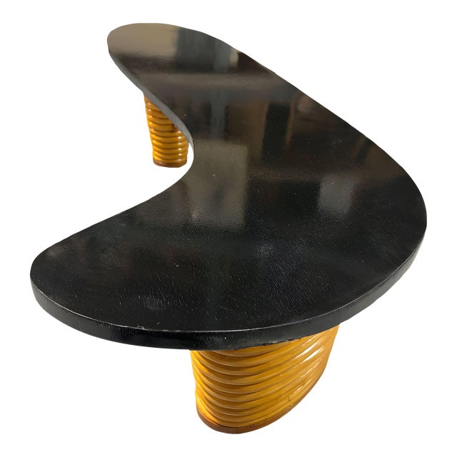 Rare Restored Rattan Amoeba L-Shaped Coffee Table W/ Stacked Legs For Sale