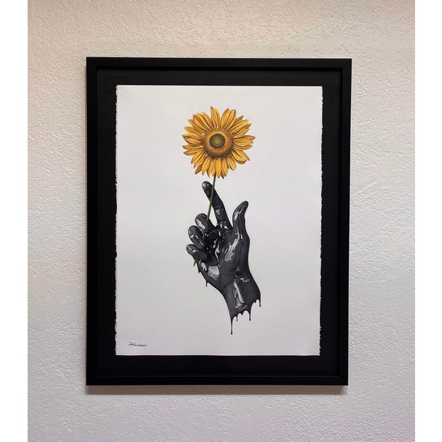 Golden Hour by Tanner Valant | Color pencil on paper Hand holding a sunflower. For Sale - Image 4 of 5