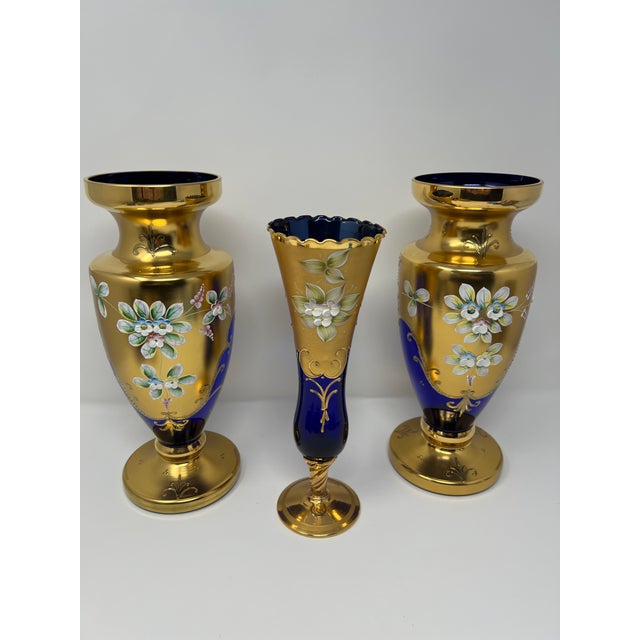 Victorian Signed Antique Moser Karlsbad Cobalt & Gilt Enamel Art Glass Garniture Set, 3 Pieces, Circa 1900 For Sale - Image 3 of 11