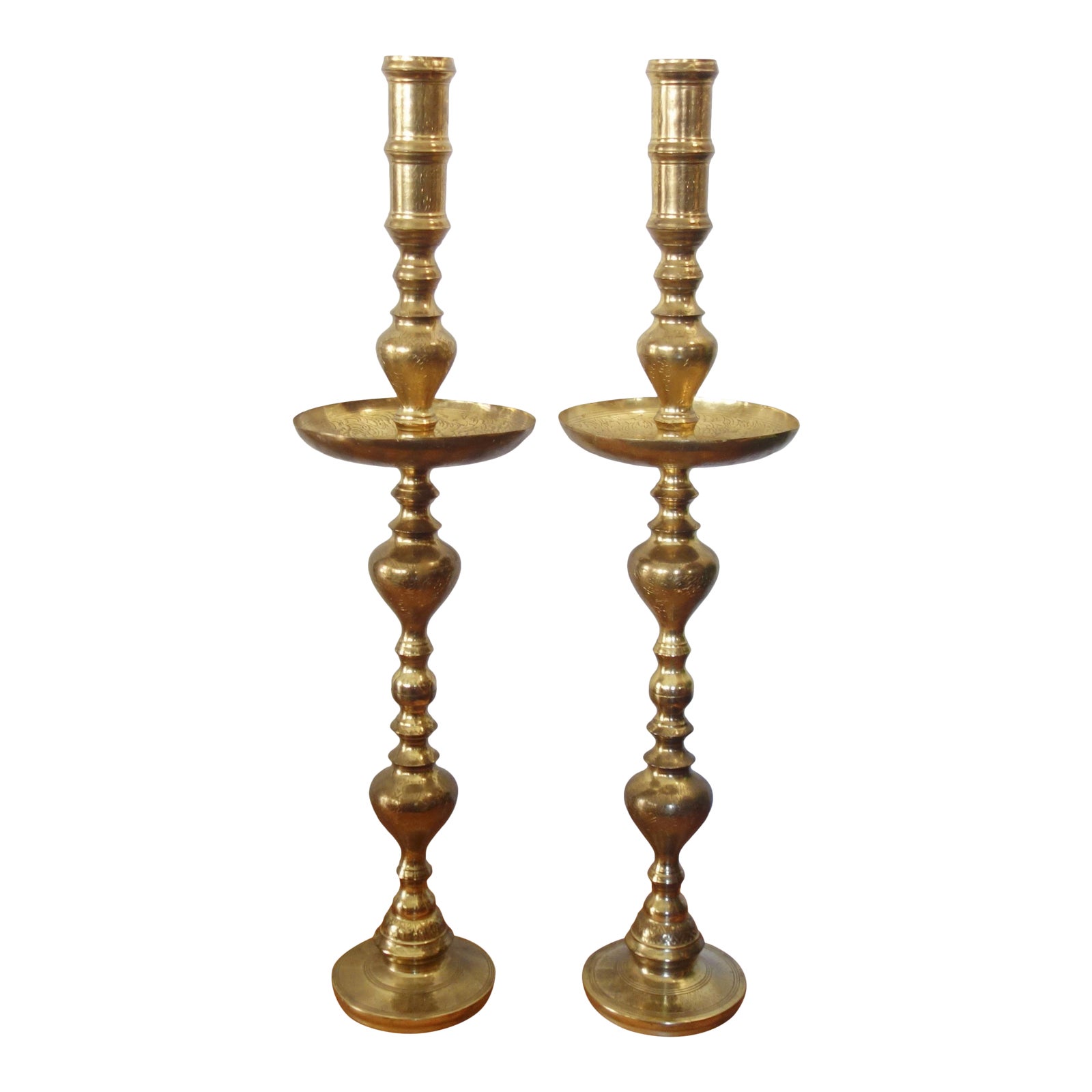 1960s Moroccan Brass Altar Candles Holders Pair Floor Pillar