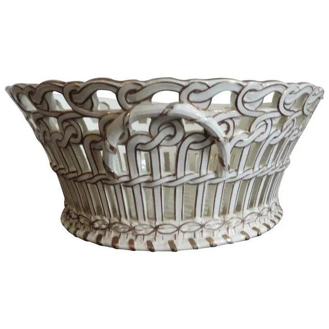 19th Century French Luneville Pottery Reticulated Centerpiece Basket Bowl in White & Gold For Sale - Image 11 of 11