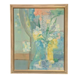 Vintage Original Pixelated Botanical Still Life Painting Framed For Sale