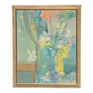 Vintage Original Pixelated Botanical Still Life Painting Framed