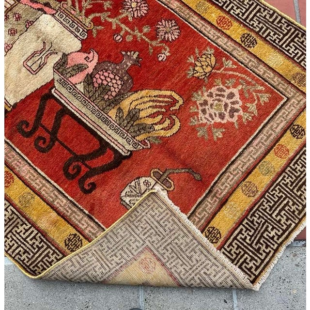Antique Khotan Rug 4’0” x 8’6” – East Turkestan Wool Rug, Stylized Vase Design, Chinese Motif Border, Red Gold Area Rug,...