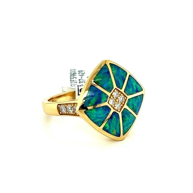 Mid 20th Century Kabana 14k Yellow Gold Fire Opal Inlay & Diamond Ring Size 7 For Sale - Image 4 of 9