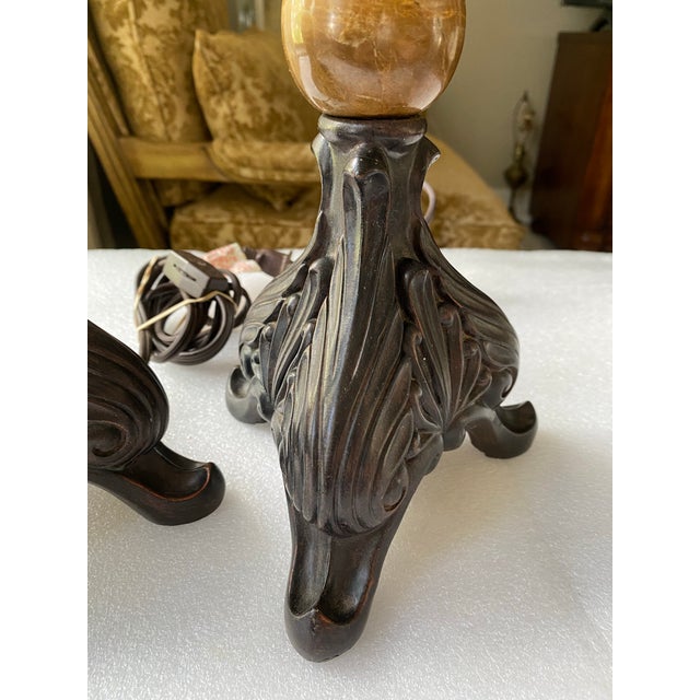 1980s Vintage Pair of Ornate Table Lamps With Polished Natural Stone Spheres, Dark Bronze & Brass Finish, Traditional European Style For Sale - Image 5 of 10