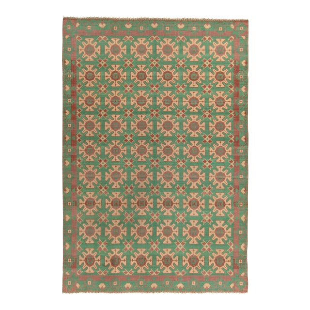 Handwoven Vintage Balkan Kilim Rug in Beige, Brown, Aqua Green Geometric Pattern For Sale