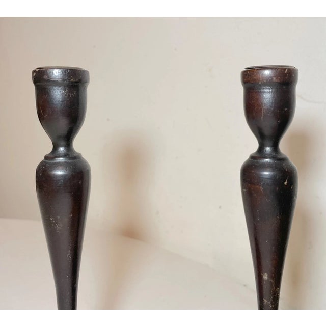 English Pair Antique 19th Century Turned English Wood Brass Candlesticks Candle Holders For Sale - Image 3 of 8
