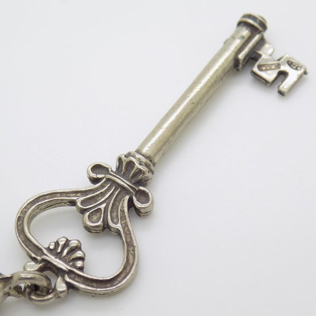 Silver Vintage Italian Handmade Genuine Silver Life Size Secret Drawer Key W/T Green Tassel For Sale - Image 8 of 11