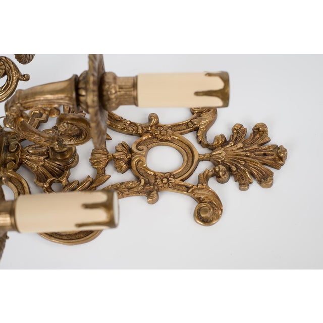 Brass 1950s Spanish Rococo Sand-Cast Brass 3-Light Sconces With Crystals - A Pair For Sale - Image 8 of 12