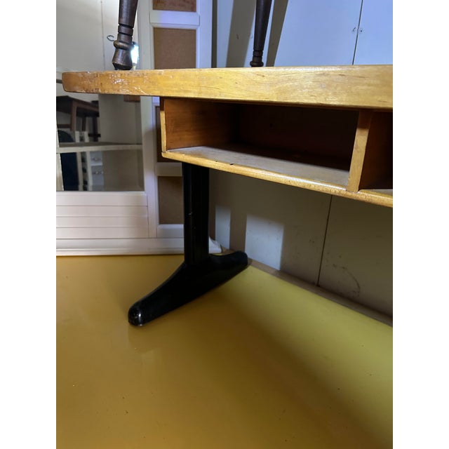 1950s Vintage 1950s Maple Student Desk With Black Steel Legs and Cubby Storage For Sale - Image 5 of 9