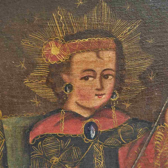 Antique Oil on Canvas 'Virgin Child Spinning', School of Cuzco, artwork with stunning gilded frame.
