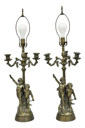 French Renaissance Figural Spelter Metal Cherub Candelabra Table Lamps - A Pair
