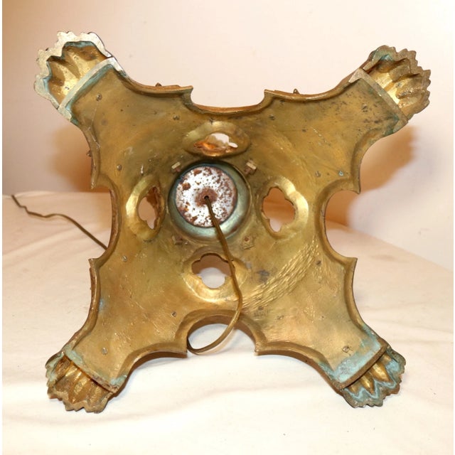 Large Antique Ornate Dore Bronze Frosted Glass Religious Church Lamp Light For Sale - Image 12 of 12