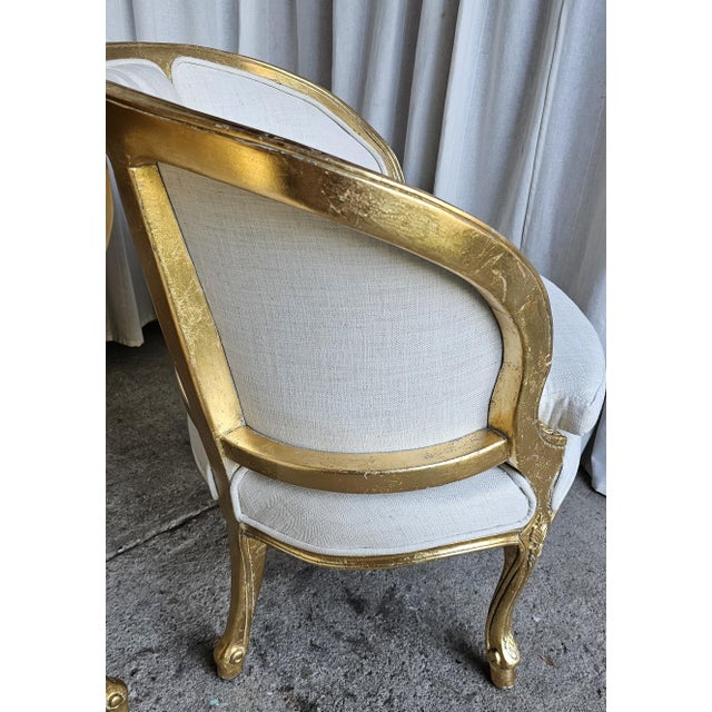 1920s French Gilt Wood Louis XV Style, Fauteuil Marquise Pair of Chairs, Tufted Chairs For Sale - Image 12 of 18