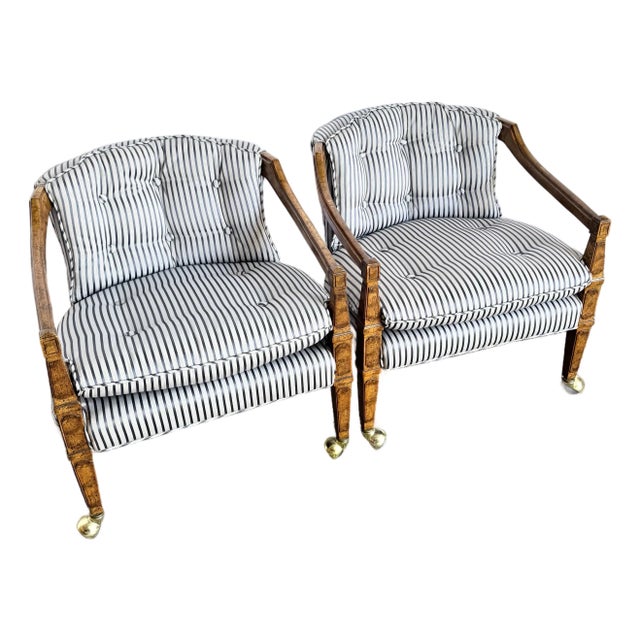 Vintage Tufted Blue and White Striped Tufted Arm Chairs on Caster - A Pair For Sale