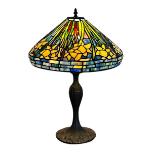 Vintage Tiffany Style Leaded Stained Glass Daffodil Table Lamp With Bronzed Fluted Base