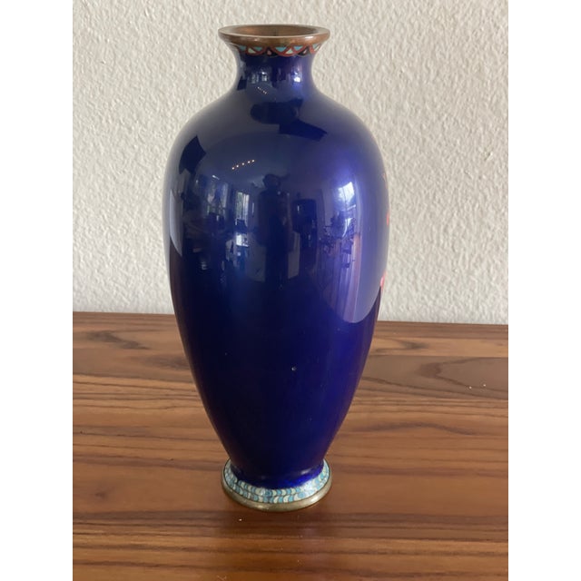 Metal Stunning, Stamped Meiji Period Japanese Cloisonné Vase With Cherry Blossom, Iris and Sparrow Details, 10” For Sale - Image 7 of 12