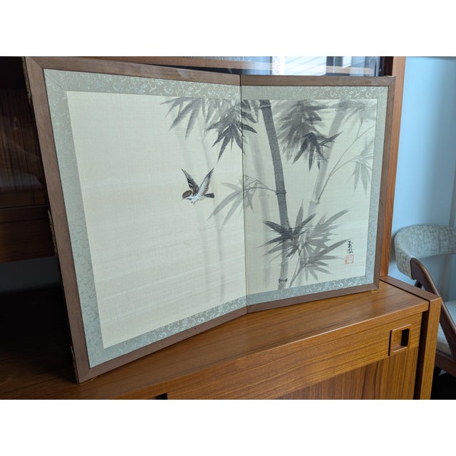 1970s Vintage Japanese 2-Panel Desktop Byōbu Folding Screen Signed Gyokufu For Sale - Image 9 of 10