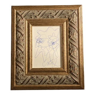 1980’s Original Vintage Wayne Cunningham Small Abstract Blue Ink Drawing Ornate Gold Frame For Sale