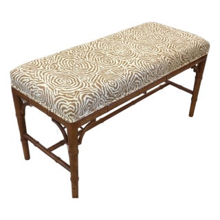Vintage Faux Bamboo Wood Bench Newly Upholstered Quadrille Fabric For Sale