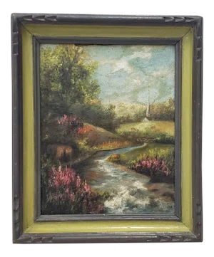 Vintage Impressionist Lush Country Landscape W/ Stream & Steeple C.1945