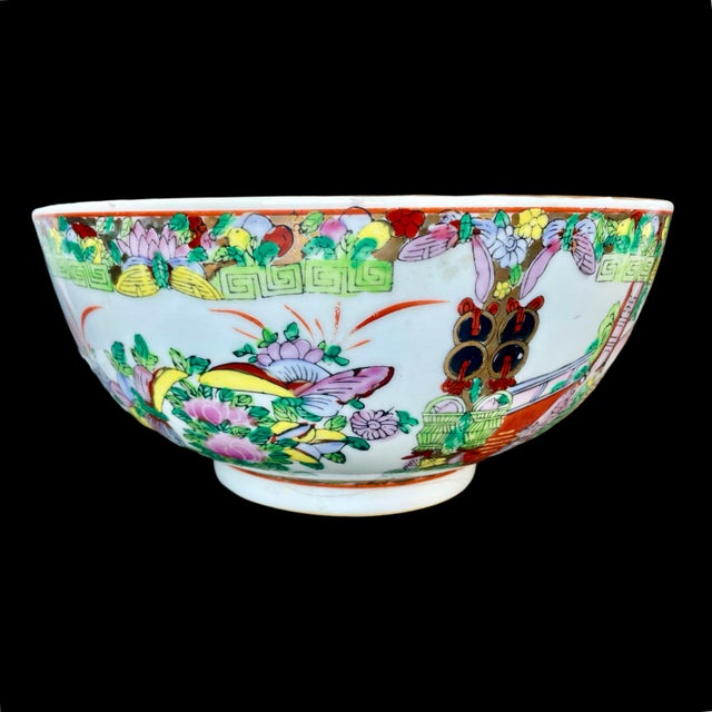 Ceramic Vintage Chinese Famille Rosé Large Hand-Painted Ceramic Punch Bowl With Gold Gilt Trim For Sale - Image 7 of 11