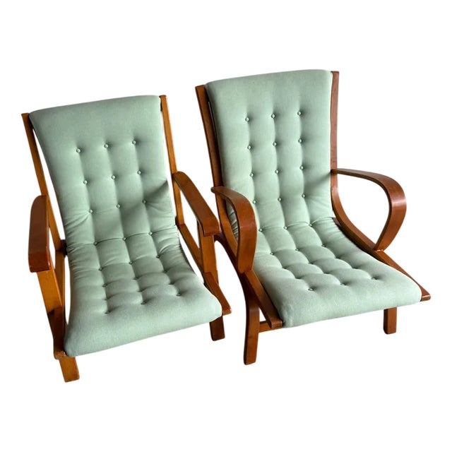 Set of Vintage Lounge Chairs with Mint Green Cushions For Sale