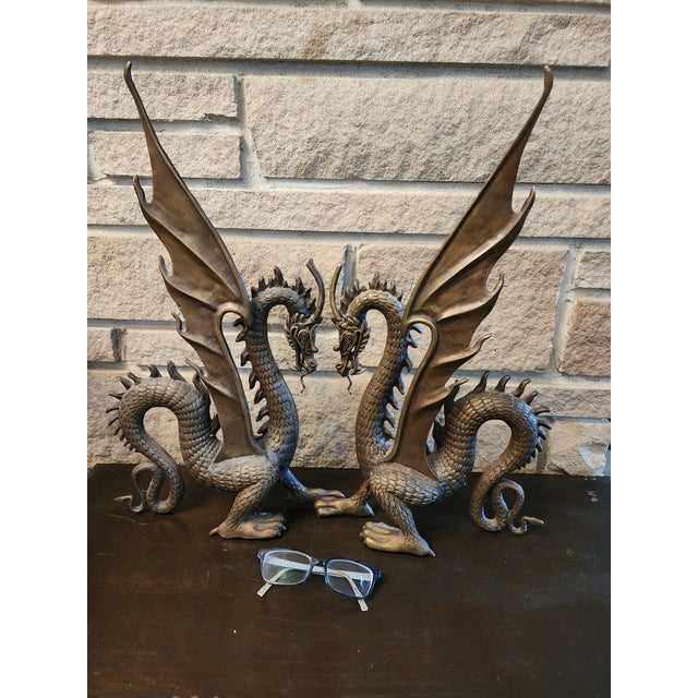 1990s Pair of Bronze Dragon Sculptures Left and Right Facing For Sale - Image 4 of 8