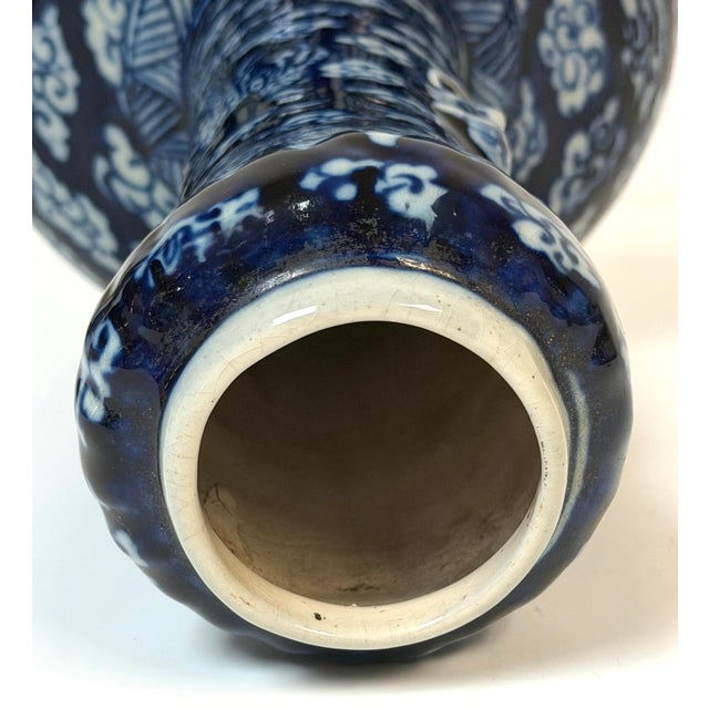 Asian Pair of Late Qing Blue & White Porcelain Garlic-Neck Vases, Lion Mask Handles For Sale - Image 3 of 14
