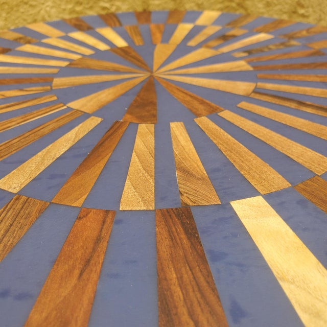 2020s Contemporary Traditional Moroccan Resin and Walnut Wood Stool / Blue Bell Shape For Sale - Image 5 of 6