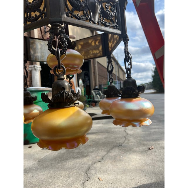 1970s Vintage Heavy Brass Detailed Chandelier With Stained Glass Accents For Sale - Image 5 of 12