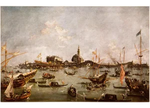 After Francesco Guardi "Venice: The Doge Embarking on the Bucentaur", First Edition Vintage Lithograph