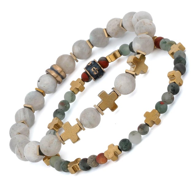 Labradorite & African Bloodstone Gold Cross Beaded Bracelet Set For Sale In Miami - Image 6 of 8