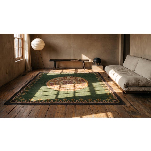 Green Early 19th Century Antique Green Color First Empire Floral Medallion Design French Aubusson Flatweave Rug Carpet For Sale - Image 8 of 10