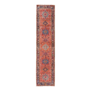 Antique Hand Knotted Geometric Persian Long Heriz Runner in Red, Blue and Teal 3'4 X 14'4 For Sale