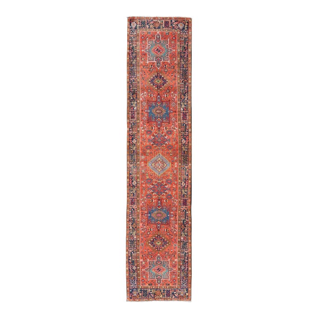 Antique Hand Knotted Geometric Persian Long Heriz Runner in Red, Blue and Teal 3'4 X 14'4 For Sale