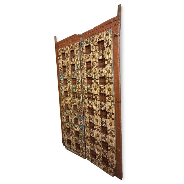 Indian Old Antique Painted Indian Doors For Sale - Image 3 of 8