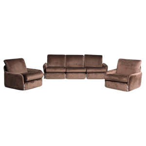 Brown Sofa and Armchairs in Velvet & Chromed Details, 1970s, Set of 3