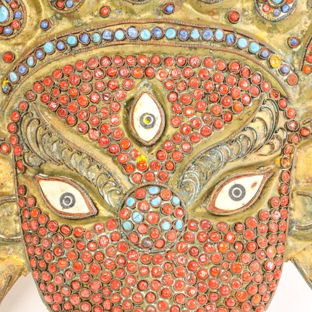 1970s Vintage Ganesh Wall Hanging Mask Brass Filigree and Inlay Nepal For Sale - Image 5 of 12