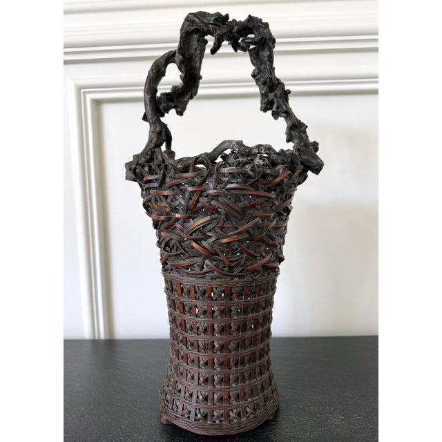 Antique Japanese Smoke Bamboo Basket with Wisteria Root Handle Meiji Period For Sale - Image 15 of 16
