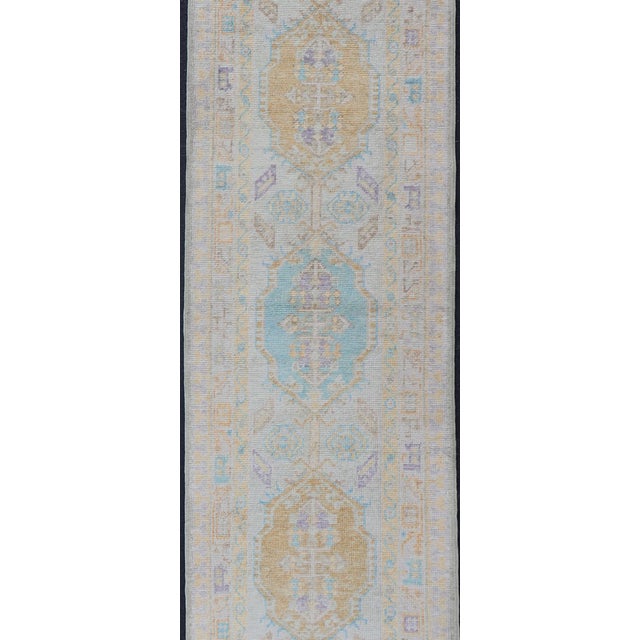 Lavender Turkish Oushak Runner in Soft Pastel Blue, Gold, and Lavender 2'8 X 13'0 For Sale - Image 8 of 13