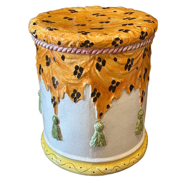 This is a 1970's Italian Majolica Garden Stool in a Trompe l'Oeil design style. The stool is made to look like it has a...