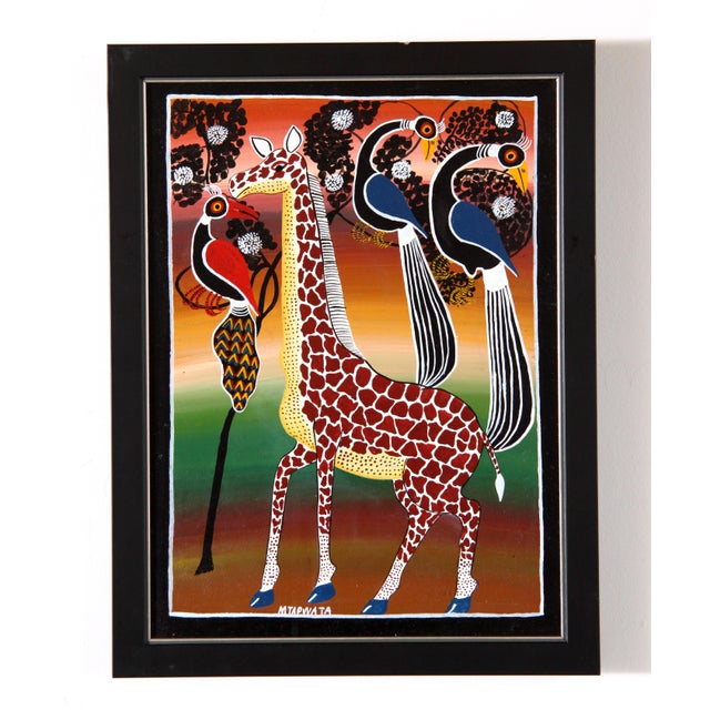 Vintage African Tinga Tinga Oil Painting of a Giraffe by