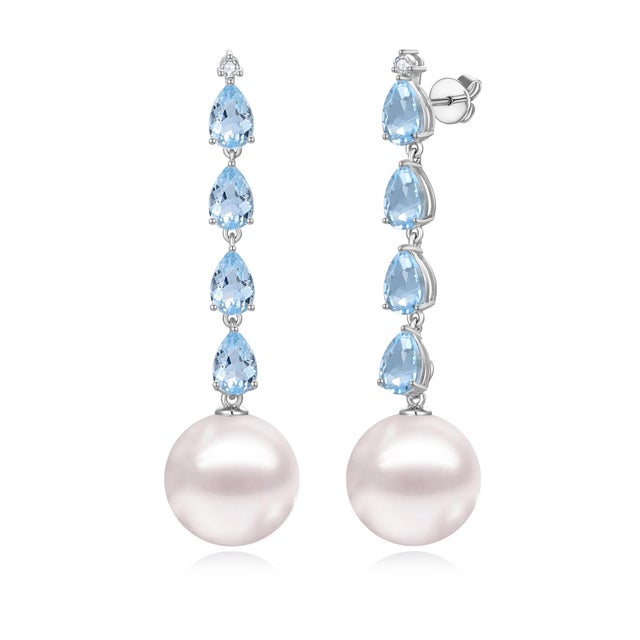 Sky Blue Nina Zhou Rhythm 3.25ctw Natural Aquamarine & Diamond and Pearl Drop Earrings in 14k Gold For Sale - Image 8 of 9