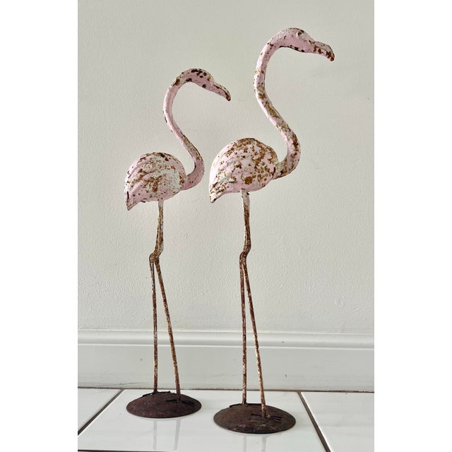 Coastal French Zinc Painted Pair of Flamingo Ornaments For Sale - Image 3 of 7