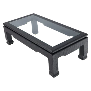 Raffia Cloth Covered Rectangular Glass Top Coffee Table Black