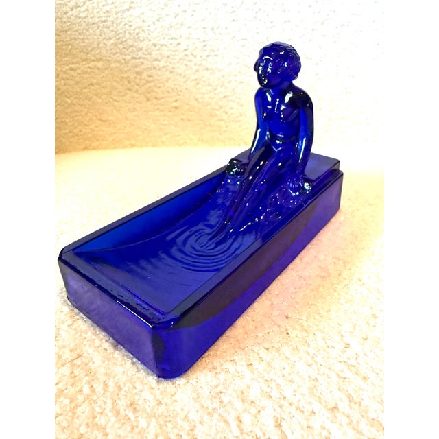 Vintage Art Deco Nude Woman in a Pool Cobalt Blue Glass Soap, Jewelry, or Trinket Dish After Lalique Henrich Hoffmann For Sale - Image 6 of 7