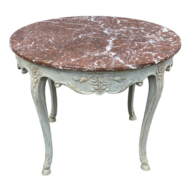 Antique French Marble Round Top Table With Painted Carved Wood Base For Sale